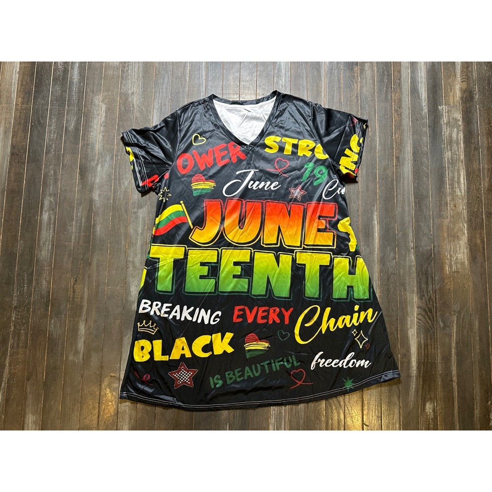 Juneteenth Graphic T-Shirt Dress Black V-Neck Short Sleeve Breaking Every Chain
